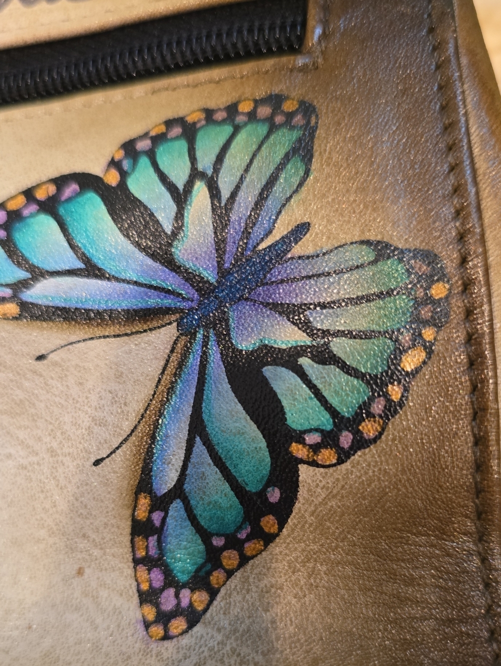 Anna By Anuschka Handpainted Designer Dog/Butterfly Print Satchel Bag - Picture 4 of 13